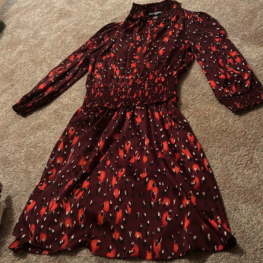 Karl Lagerfeld Printed Smocked Waist A-Line Dress